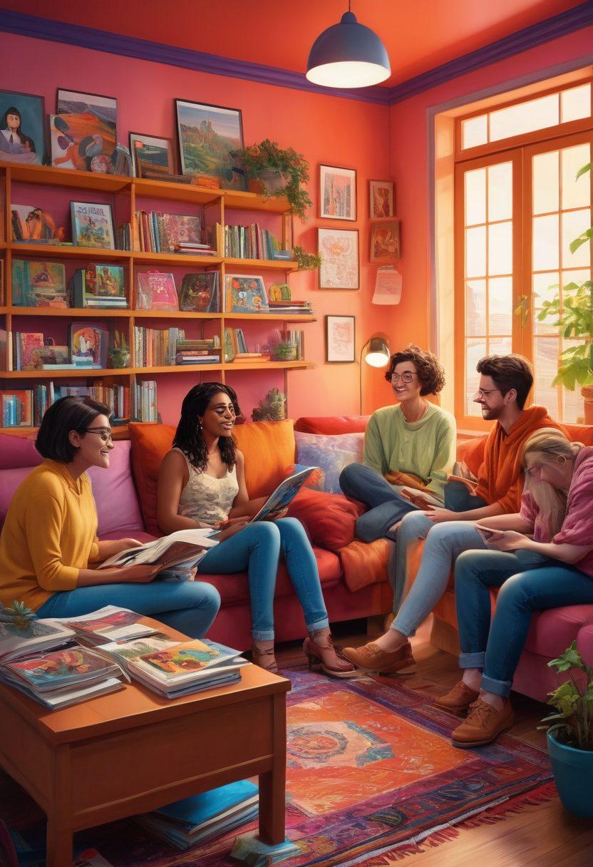A vibrant and diverse illustration showcasing characters from various backgrounds enjoying queer adult comics in a cozy, inviting space filled with colorful shelves of comic books. Include elements of joy, self-expression, and liberation through their body language and interactions. The setting blends a modern aesthetic with touches of traditional art styles, symbolizing the fusion of cultures and narratives. super-realistic. vibrant colors. cozy atmosphere.